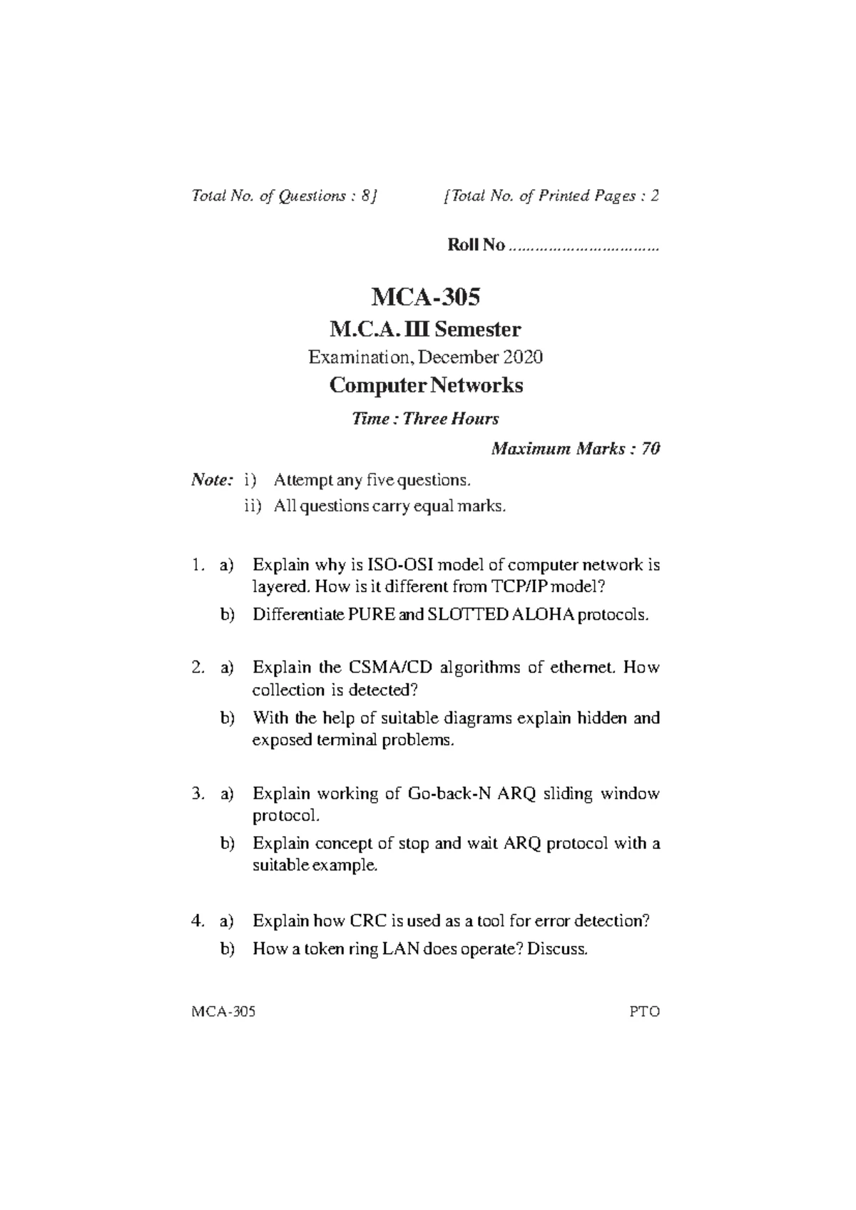 MCA 305 Computer Networks Final Exam December 2017 Study Guide - Studocu
