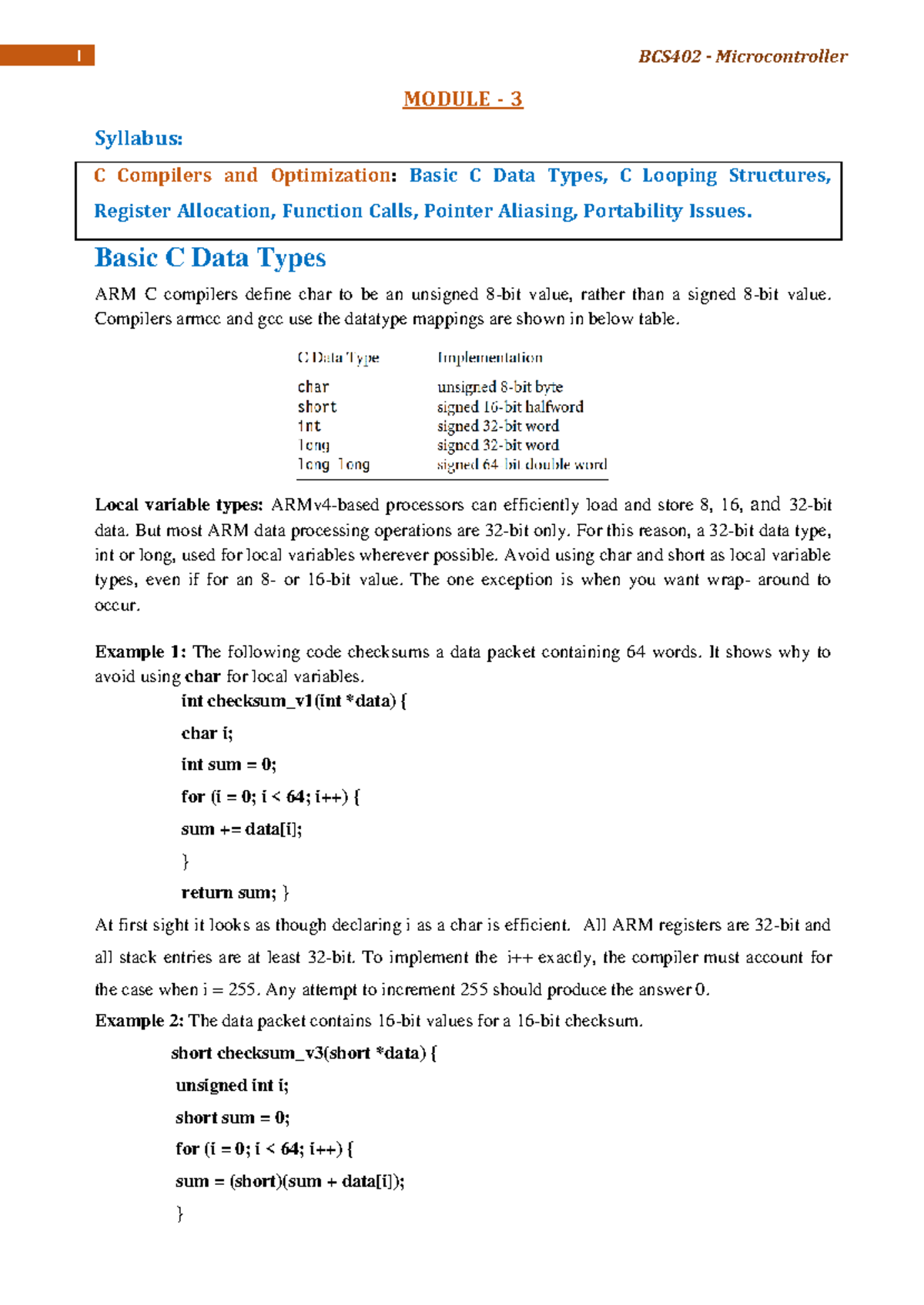BCS402 Microcontroller 1 Module 3: C Compilers & Optimization ...