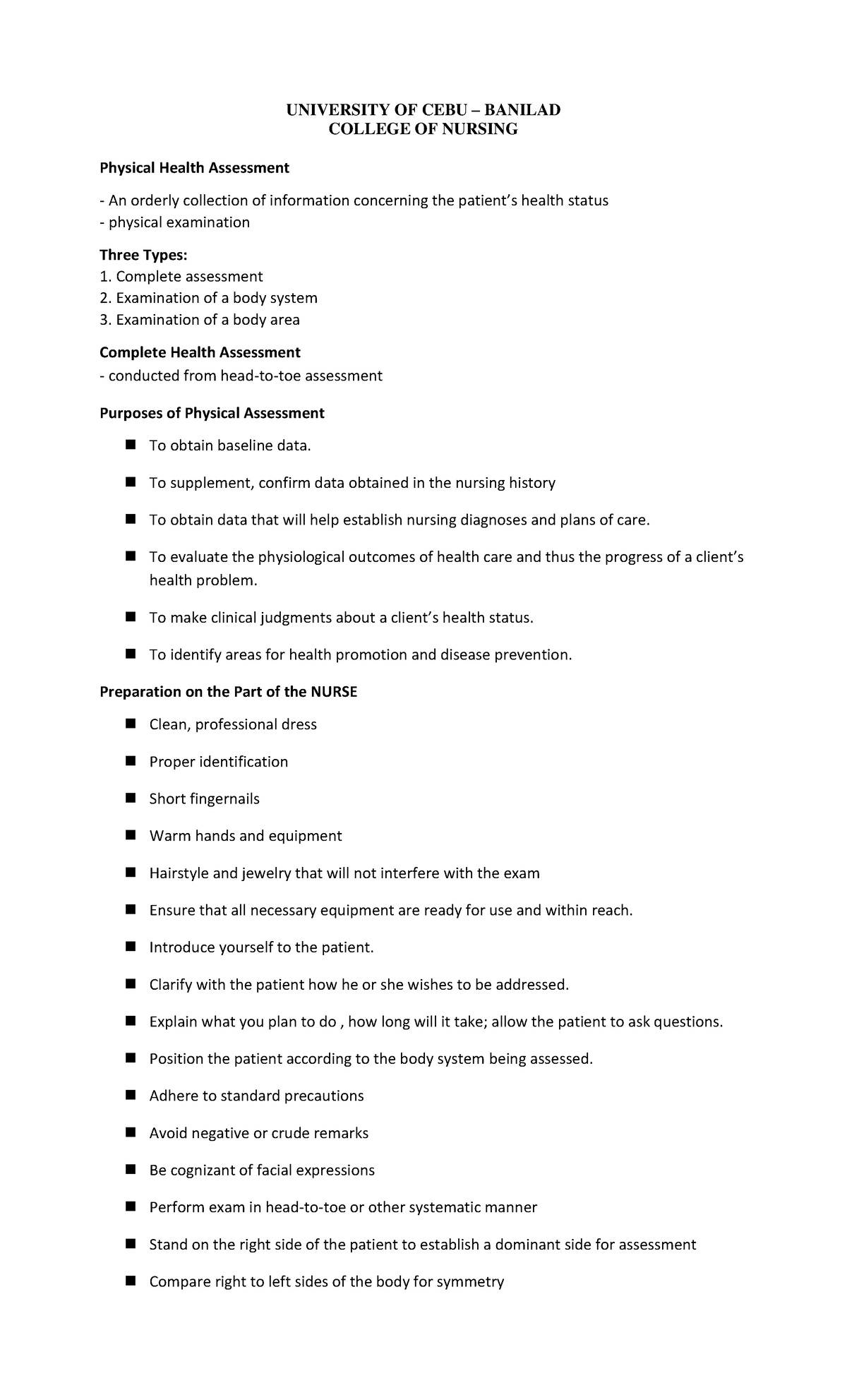 NUR 101: Health Assessment Introductory Notes and Techniques - Studocu