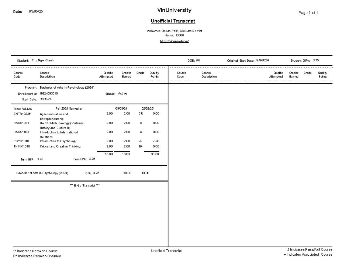 Transcript - VinUniversity Date: 03/05/25 Page 1 of 1 Unofficial ...