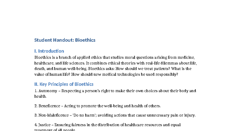 Bioethics I: Key Principles and Ethical Dilemmas in Healthcare - Studocu