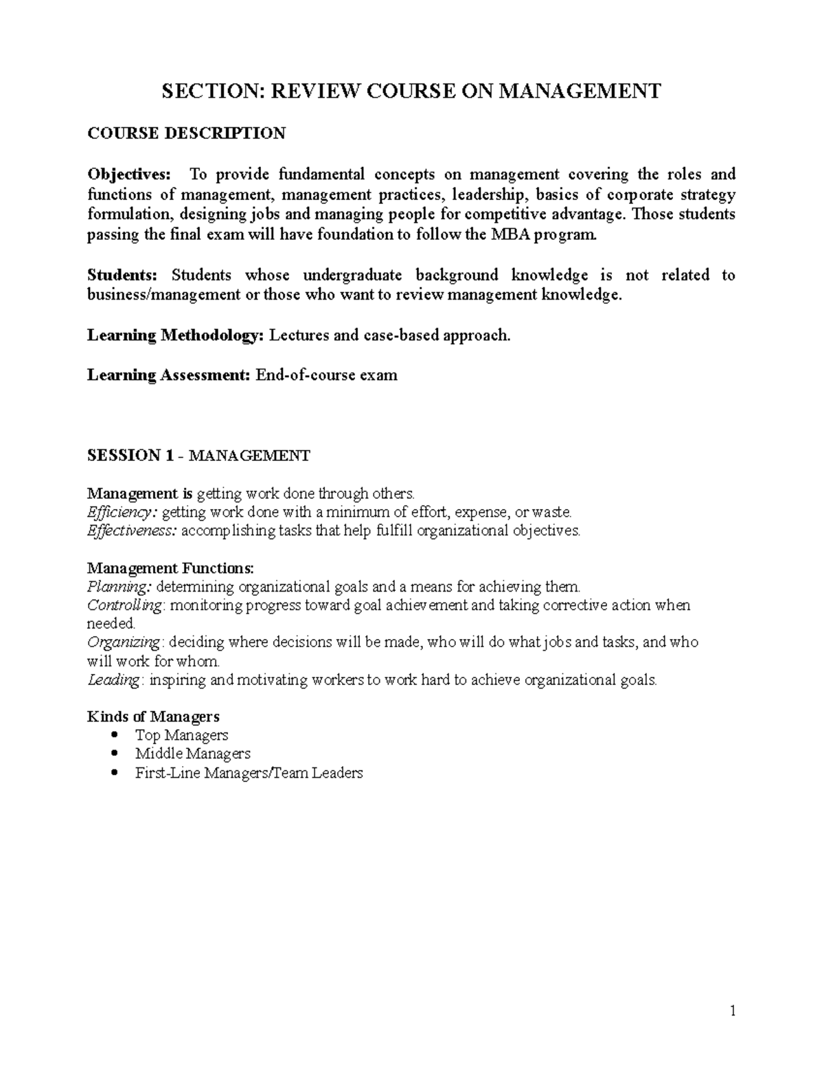 Management Micro Economic - SECTION: REVIEW COURSE ON MANAGEMENT COURSE ...