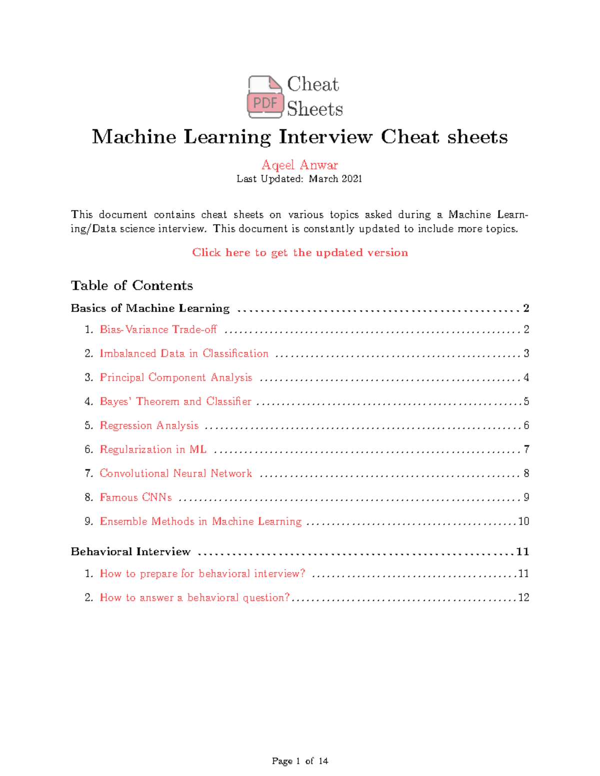 Machine Learning Interview Cheat Sheet (Course Code: 1636307020) - Studocu