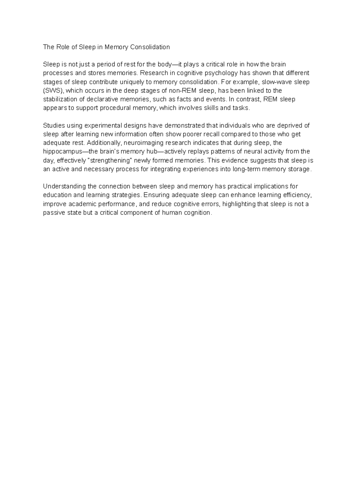 The Impact of Sleep on Memory Consolidation: Insights and Implications ...