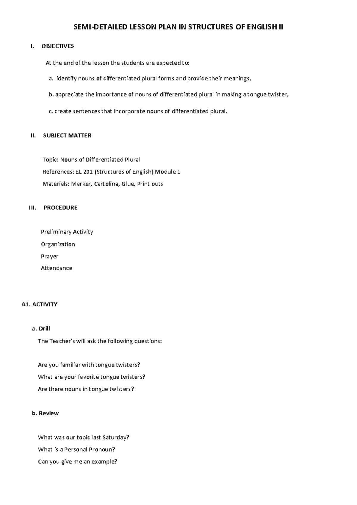 A4 Lesson PLAN IN Structures OF English 2 - SEMI-DETAILED LESSON PLAN ...