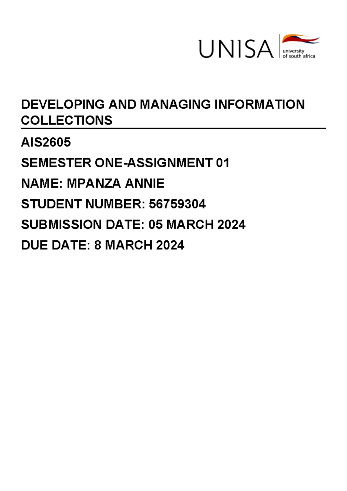 Assignment 1 - DEVELOPING AND MANAGING INFORMATION COLLECTIONS AIS ...