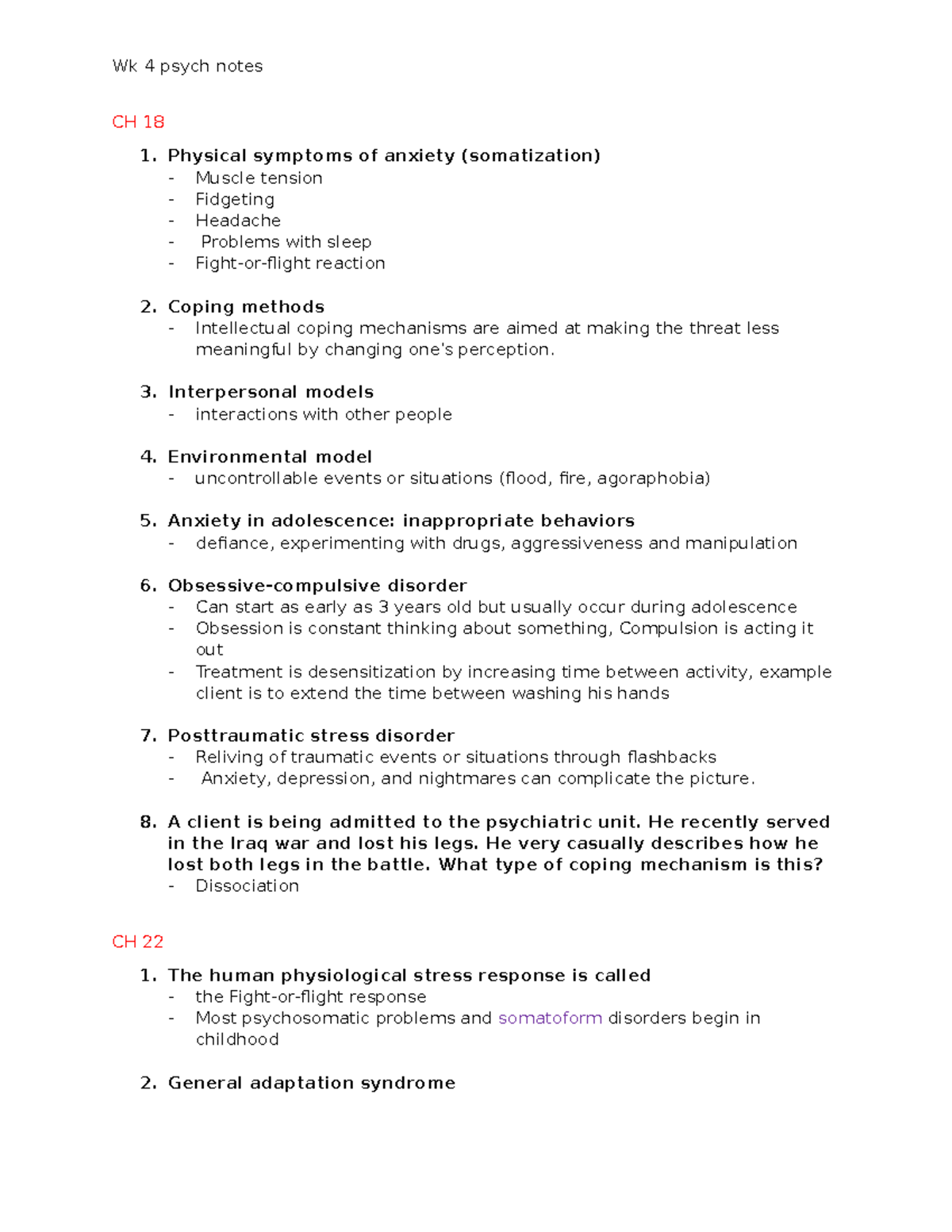 Psych 101 WK 4 Lecture Notes: Anxiety & Somatoform Disorders - Studocu
