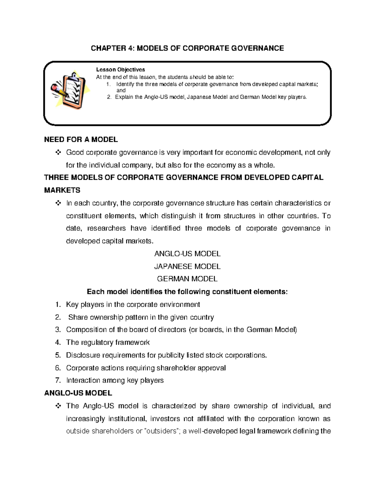 Chapter 4: Exploring the 3 Models of Corporate Governance - Studocu