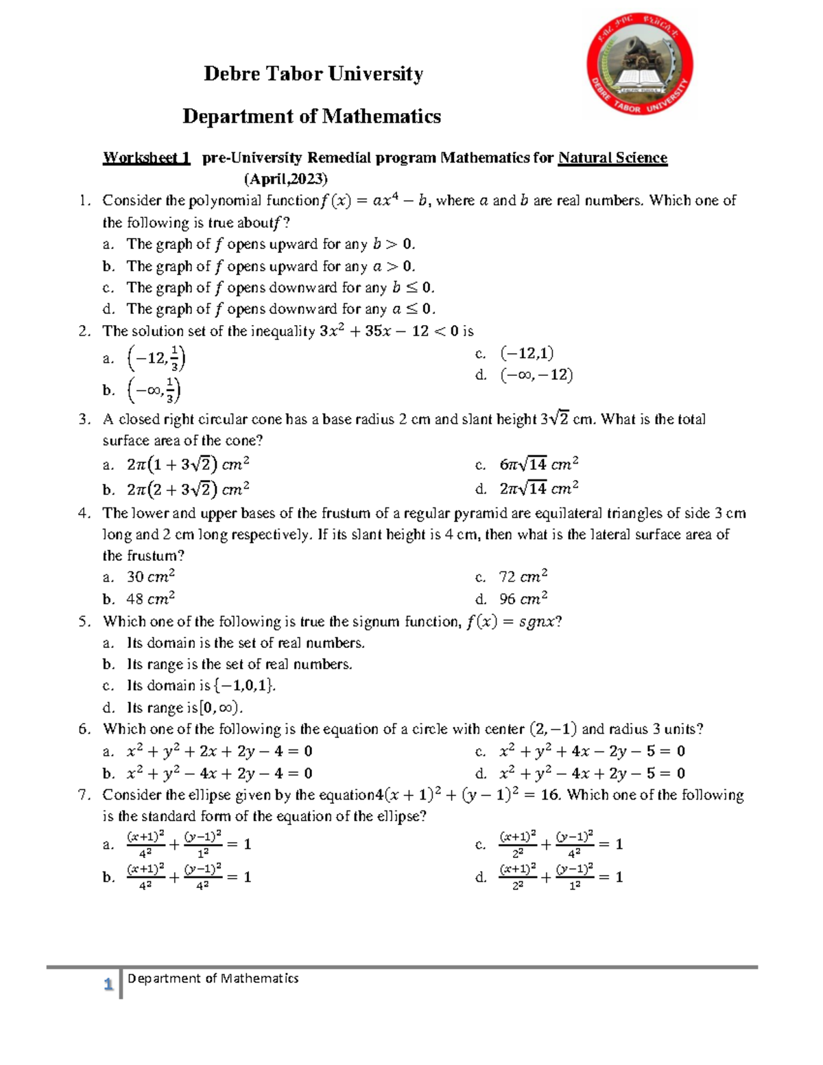 Mathematics Worksheet for Natural Science Stream (Pre-University) - Studocu