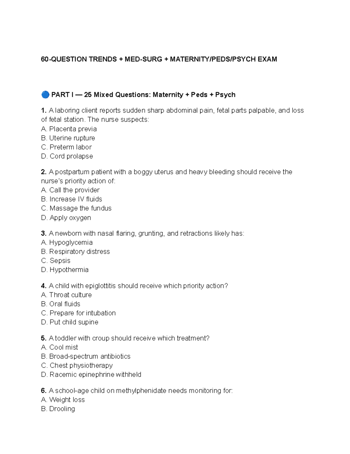 Hurst NURS 101 Final Exam Sample Questions: Maternity, Peds, Psych ...