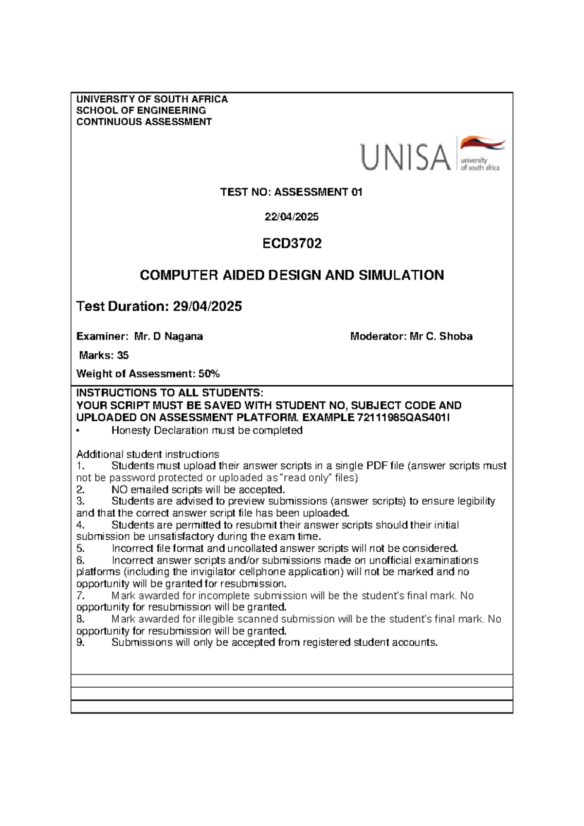 ECD3702 Assignment 2 Memo: Computer Aided Design & Simulations - Studocu