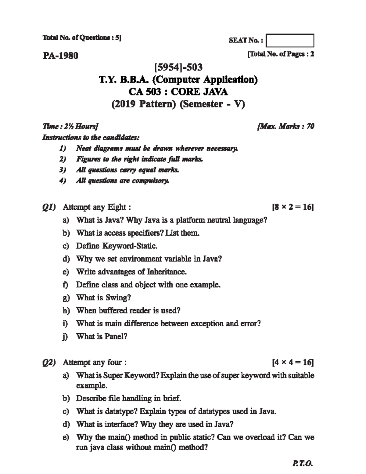 Core Java 2022 - A question paper for comparison - Total No. of ...