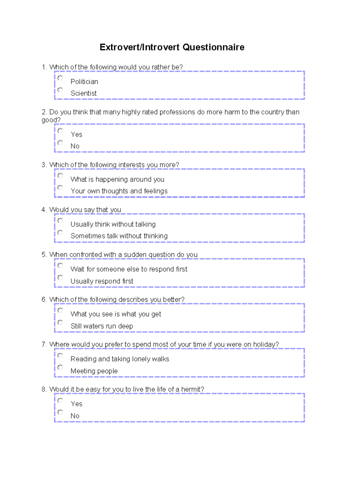 Questionnaire on Introversion vs. Extroversion Traits - Studocu