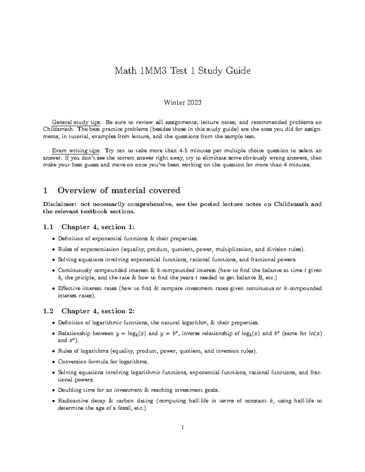 MATH 1MM3 WINTER 2023 TEST 1 STUDY GUIDE & PRACTICE PROBLEMS - Studocu