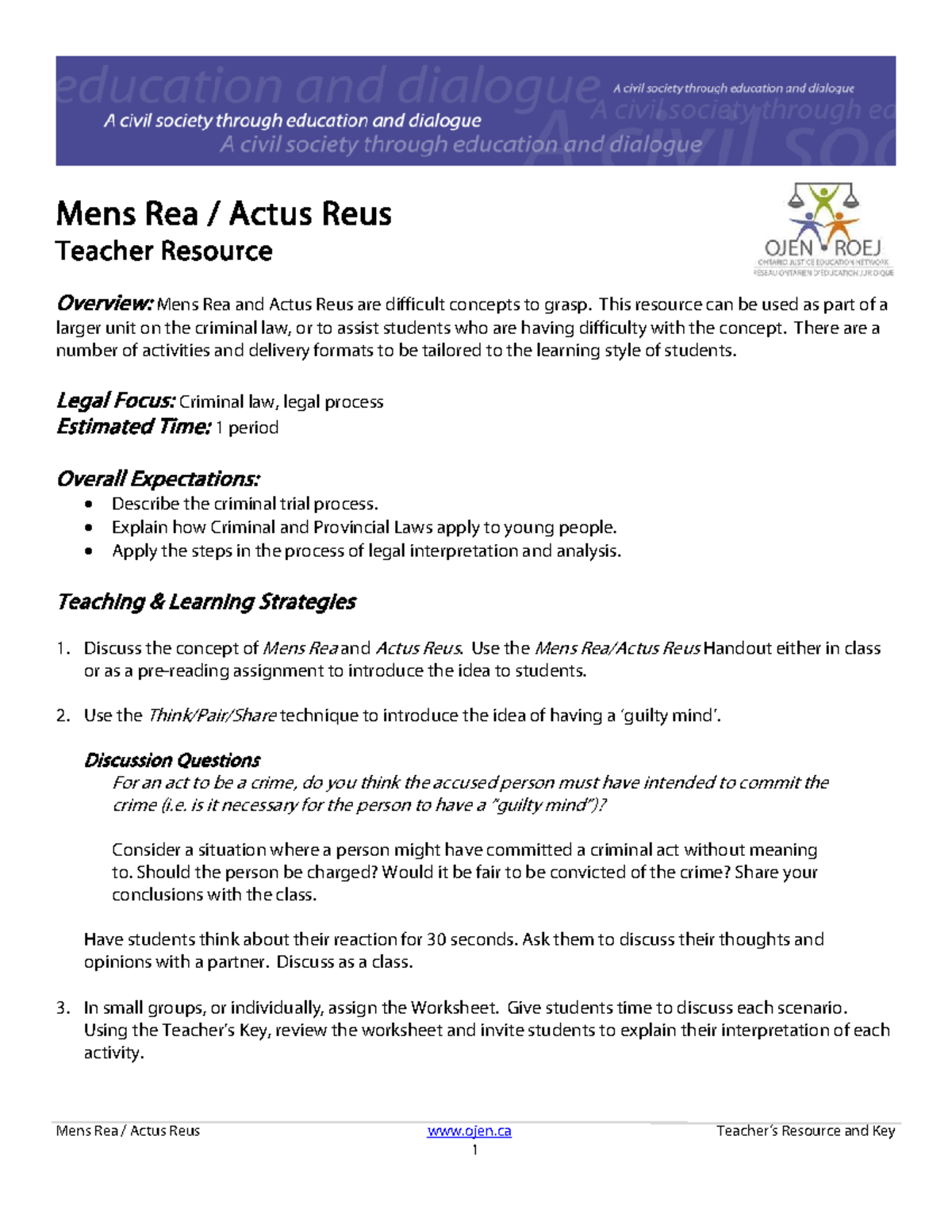 Mens Rea and Actus Reus: A Teacher's Resource Guide for Criminal Law ...