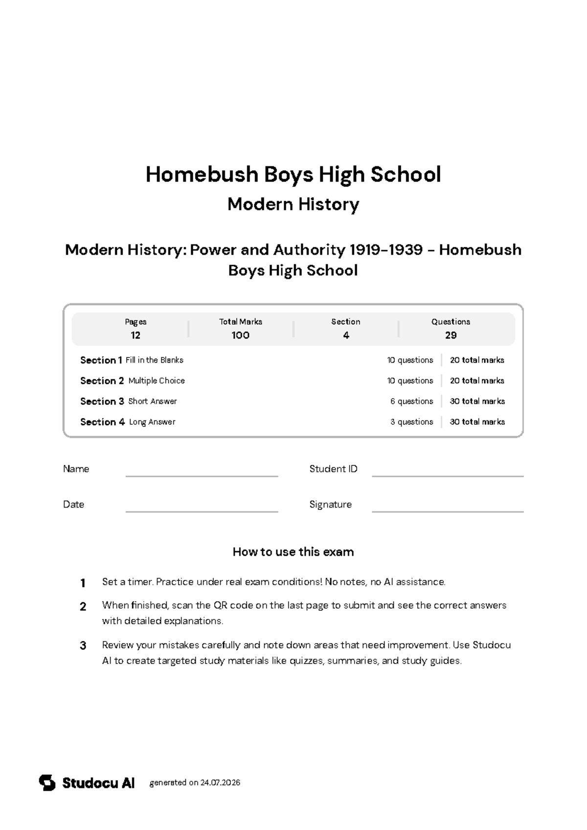 Modern History Exam: Power and Authority 1919-1939 - Studocu