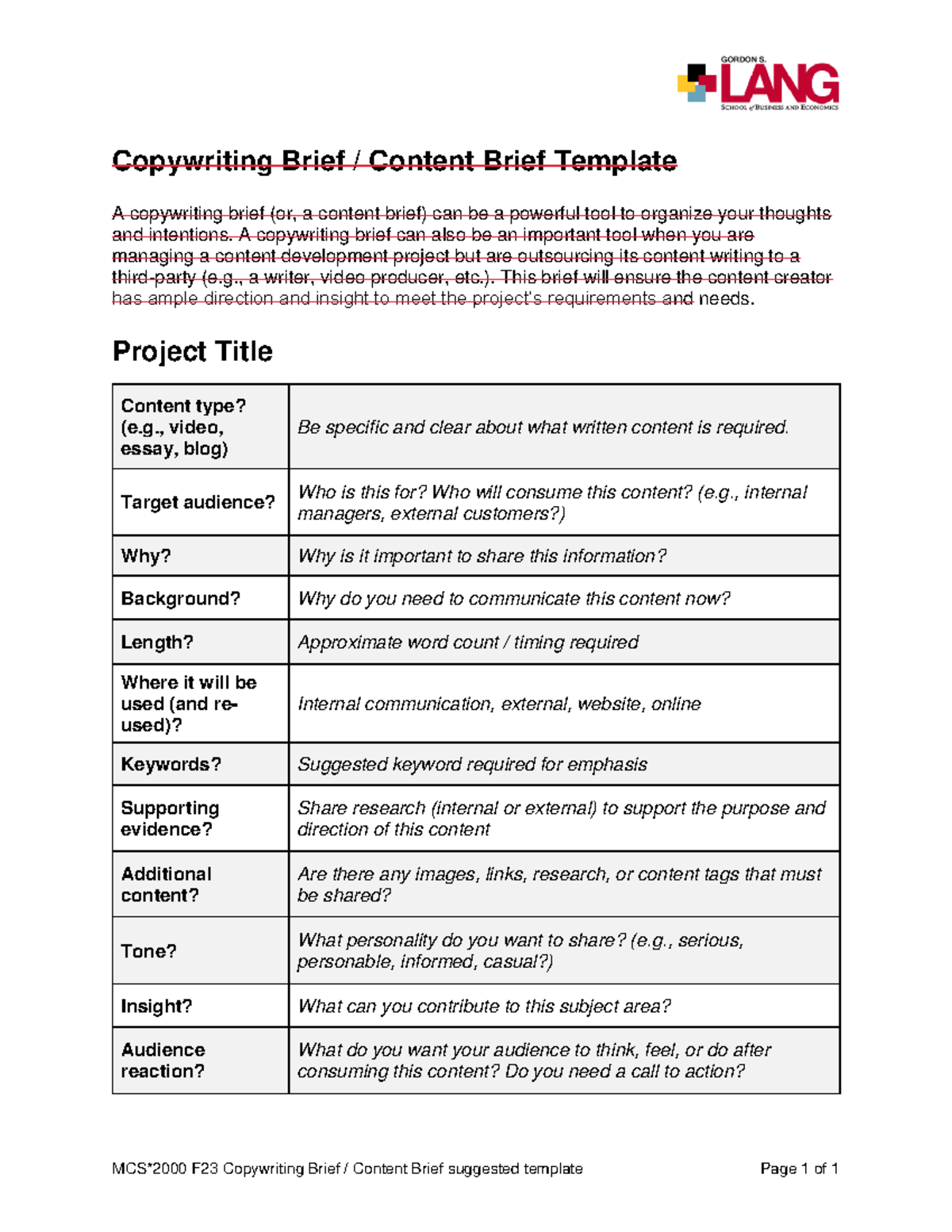 MCS2000 F23 Copywriting Brief Template for Content Development - Studocu