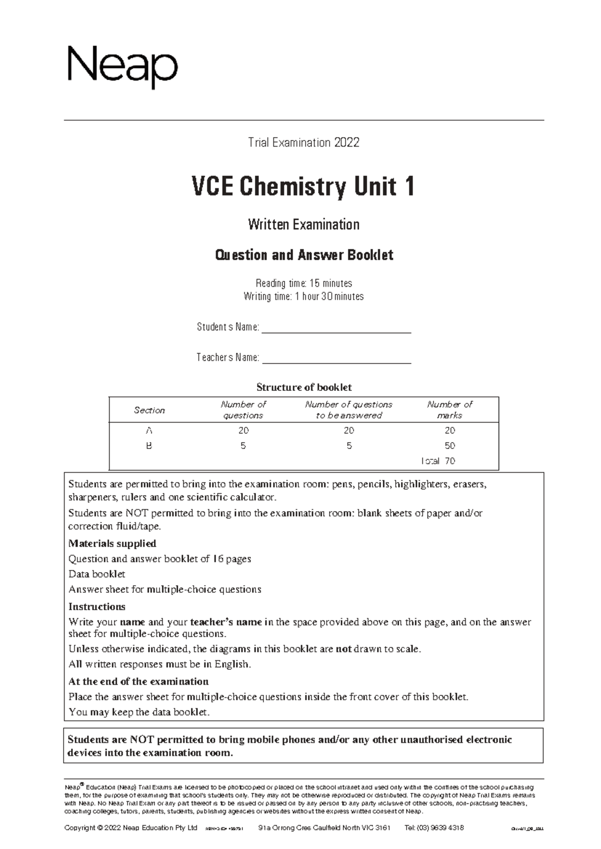 VCE Chemistry Unit 1 Trial Exam 2022: Question & Answer Booklet - Studocu