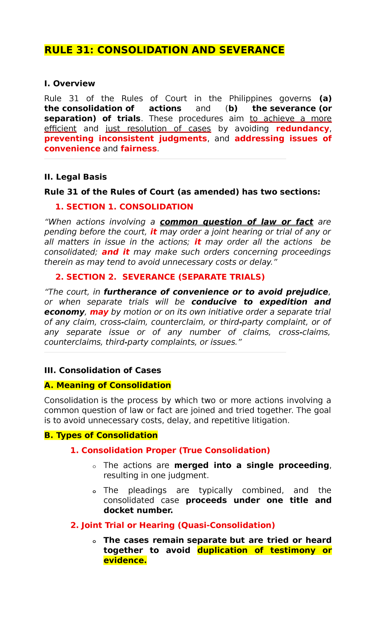 RULE 31: Consolidation and Severance of Trials Explained - Studocu