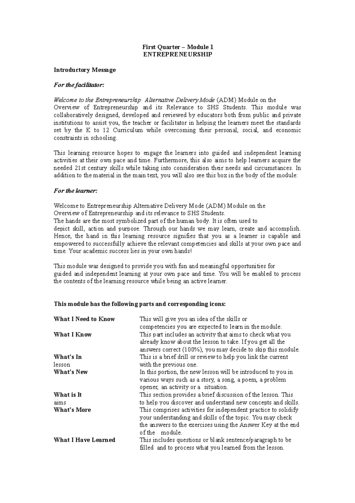 First Quarter – Module 1 - First Quarter – Module 1 ENTREPRENEURSHIP ...