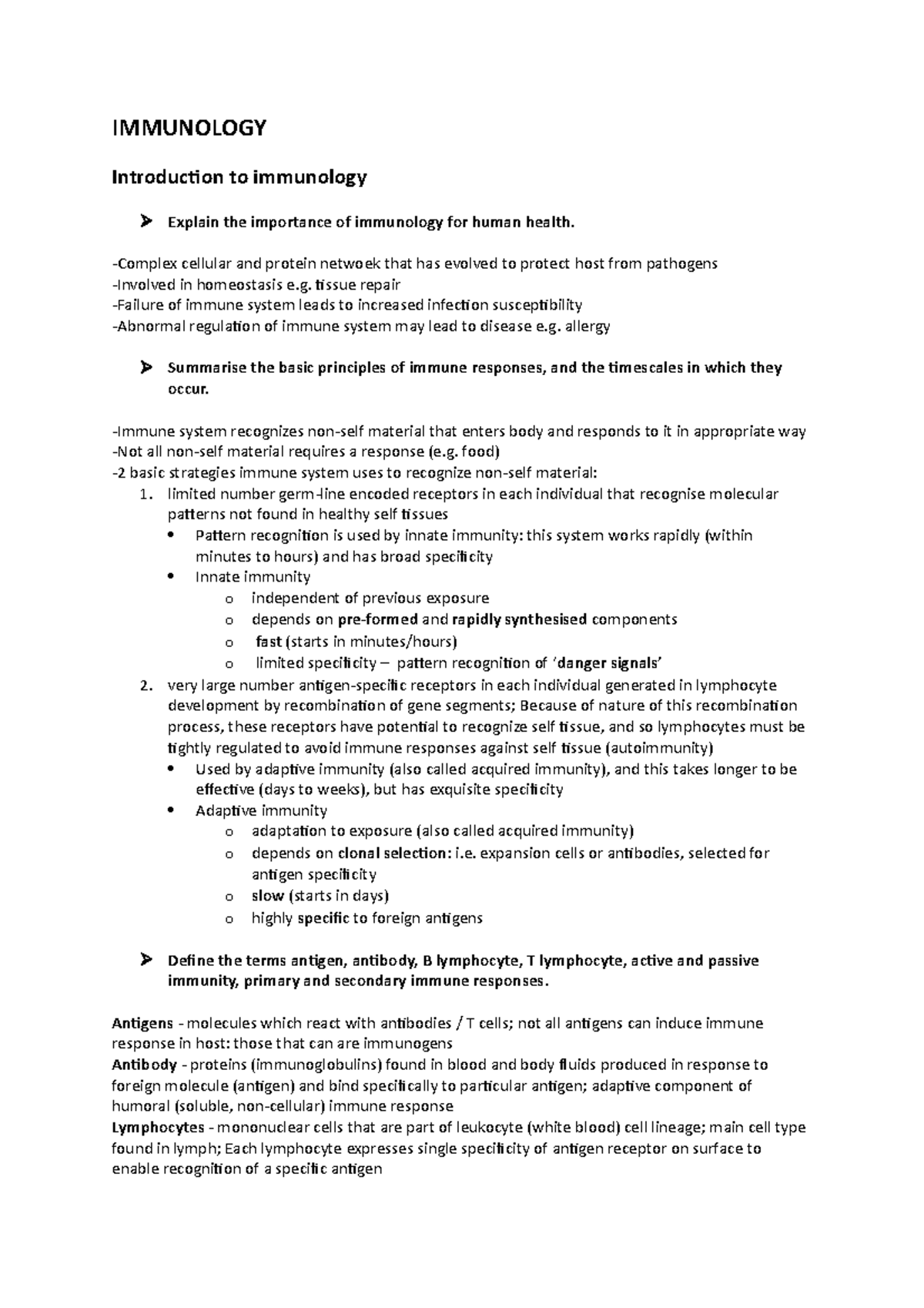 Year 1 - Immunology - IMMUNOLOGY Introduction to immunology Explain the ...