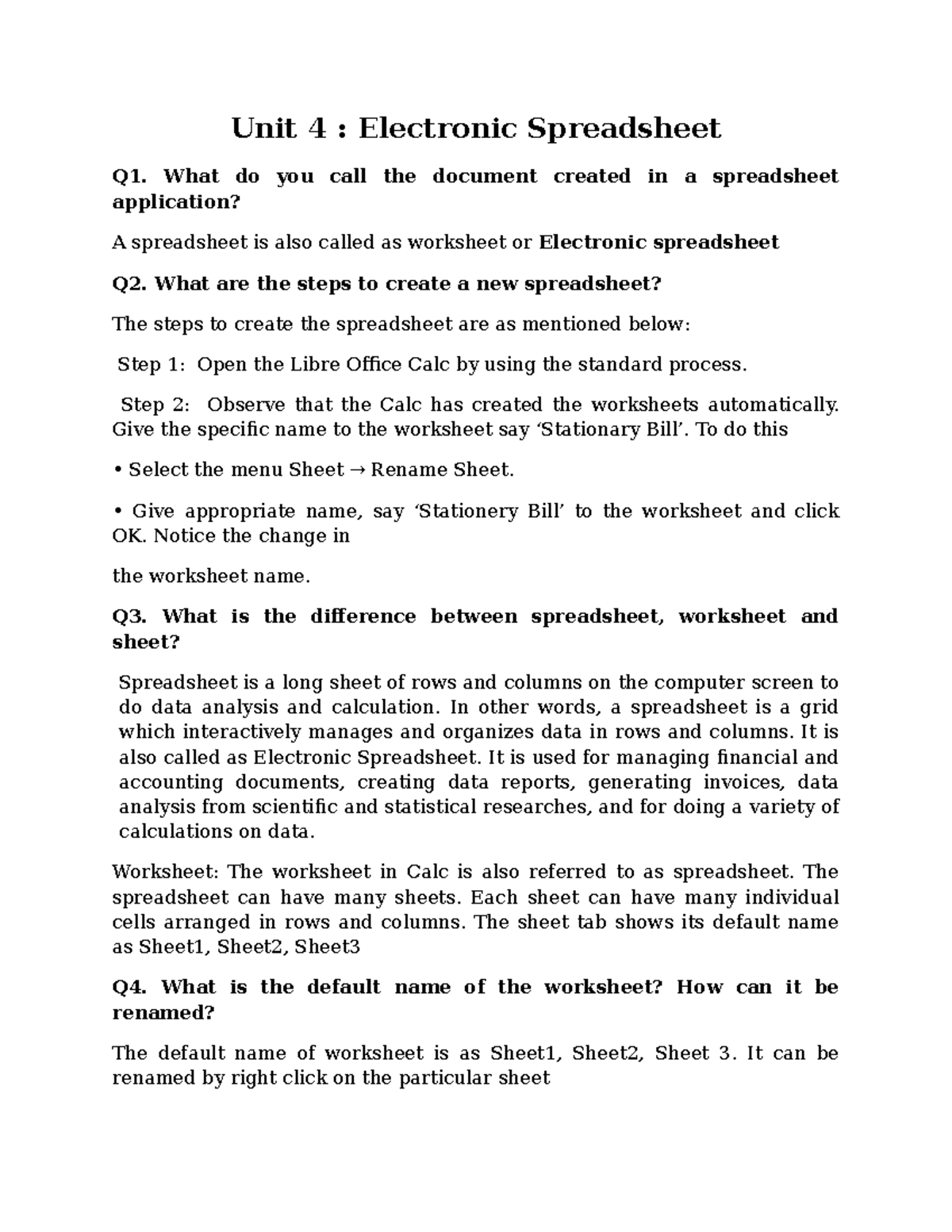 9th Class Notes: Unit 4 - Electronic Spreadsheet Concepts - Studocu