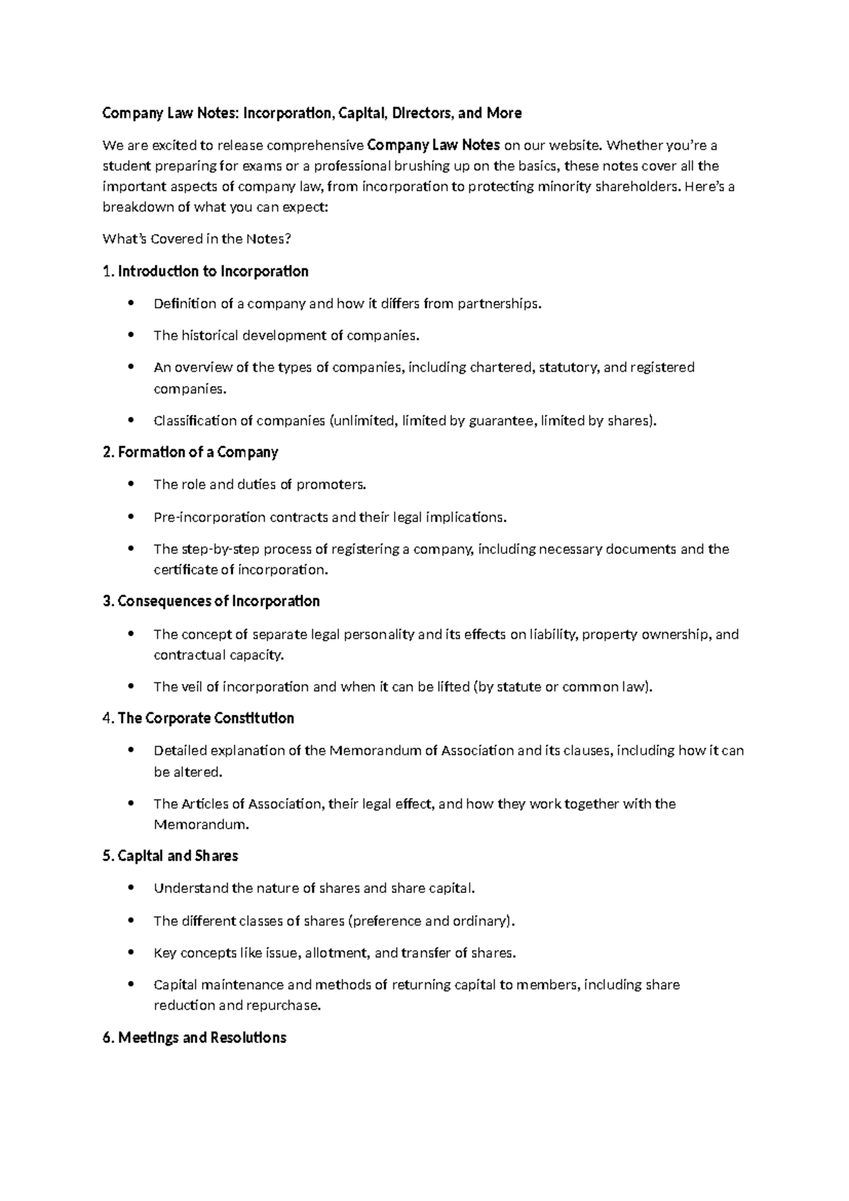 Company Law Notes: Incorporation, Capital, Directors & More (CL101 ...