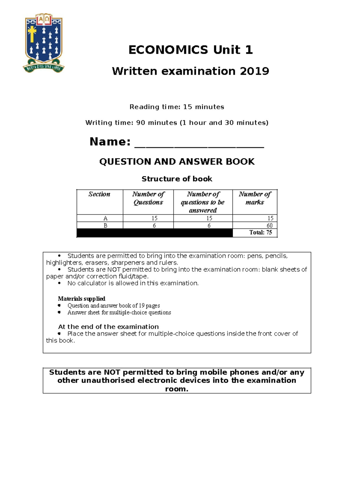 ECONOMICS Unit 1 Final Exam 2019: Question & Answer Book - Studocu