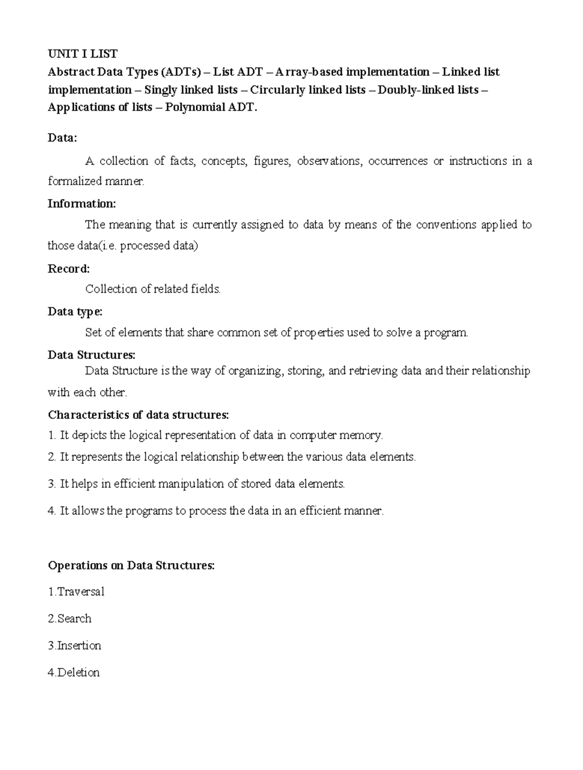 UNIT 1 - Lecture Notes on Data Structures: ADTs, Implementations ...