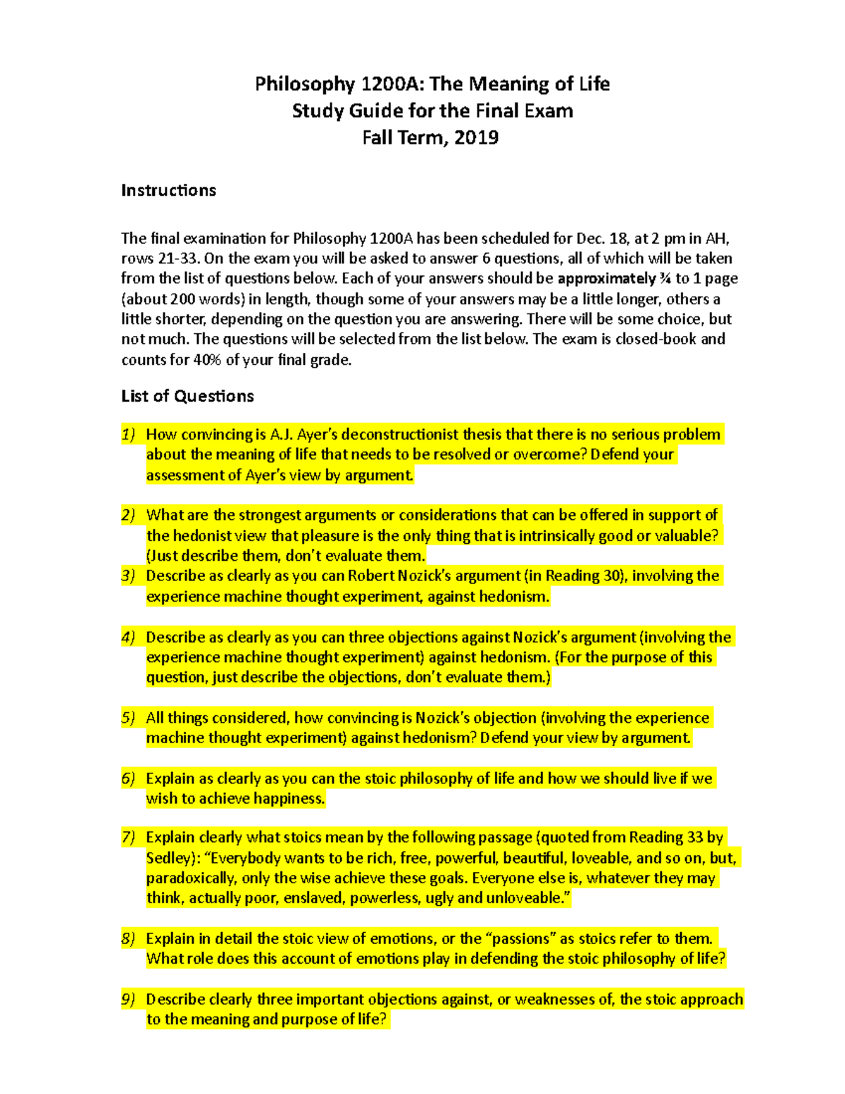Final Exam Study Guide for Philosophy 1200A - Fall 2019 - Studocu