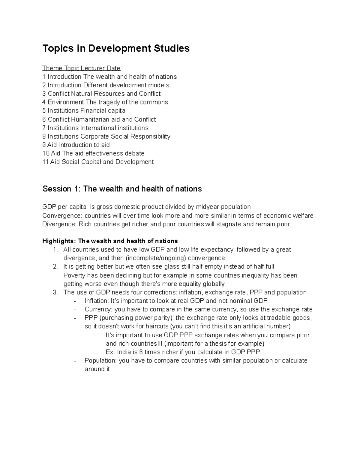 Development Studies Topics: Wealth, Conflict, Environment & Aid - Studocu