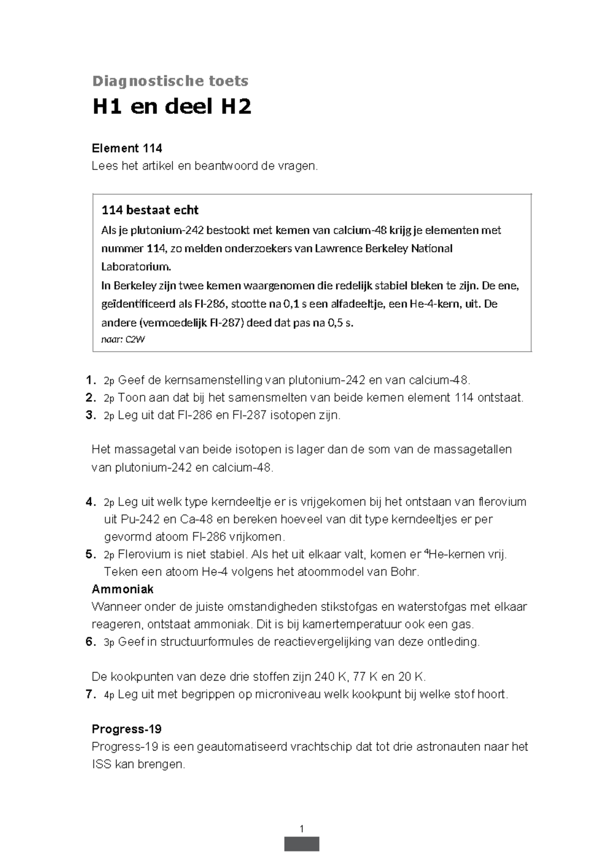 Diagnostische toets H1 en H2 over element 114 en ammoniak - Studeersnel