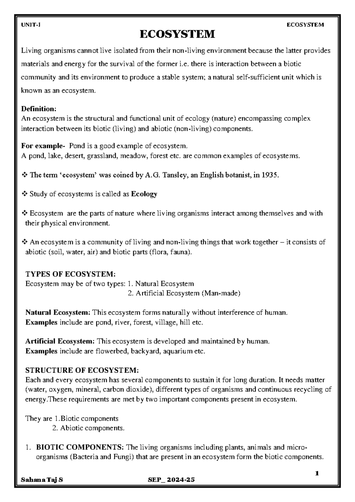 UNIT-1 SEP Ecosystem Overview: Structure, Function, and Types - Studocu