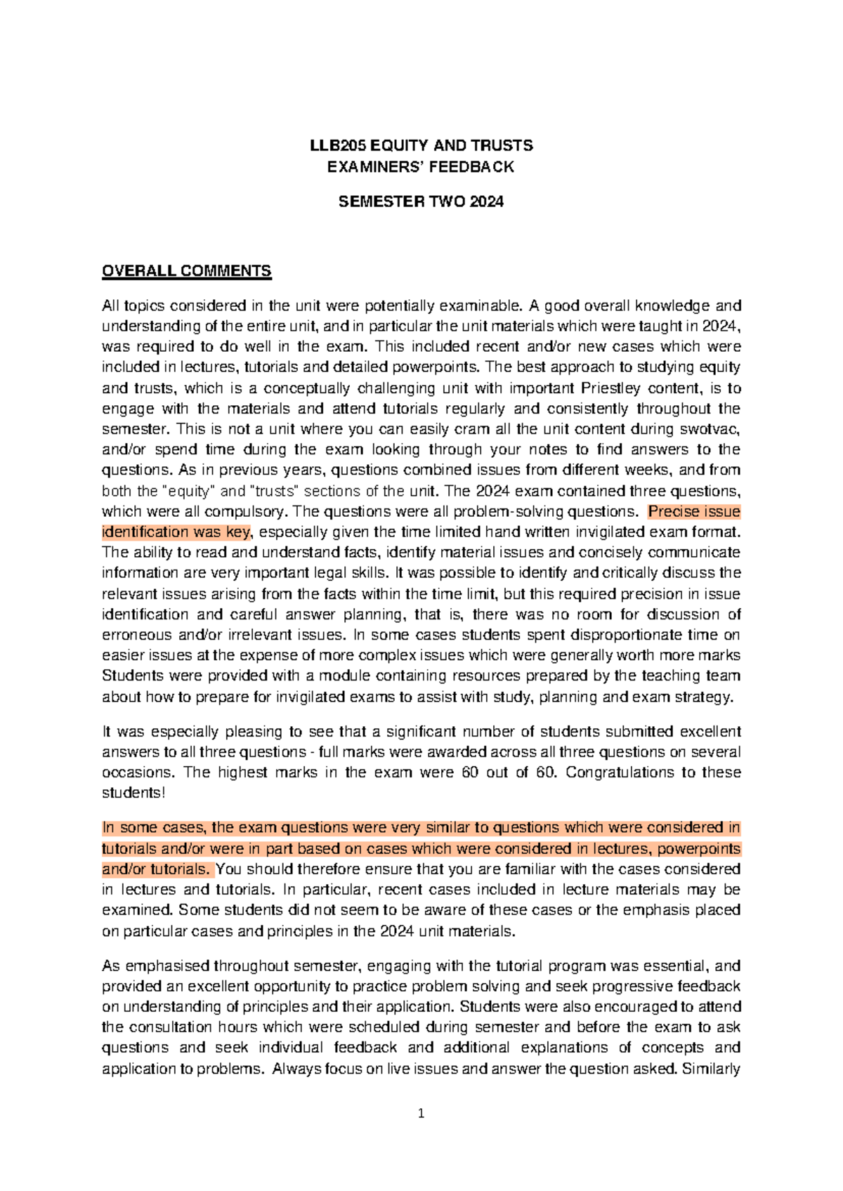 LLB205 EQUITY AND TRUSTS SEMESTER TWO 2024 EXAM FEEDBACK - Studocu