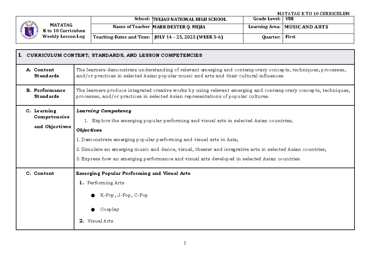 DLL Matatag K to 10 Music & Arts 8 Q1 Weekly Lesson Log - Studocu