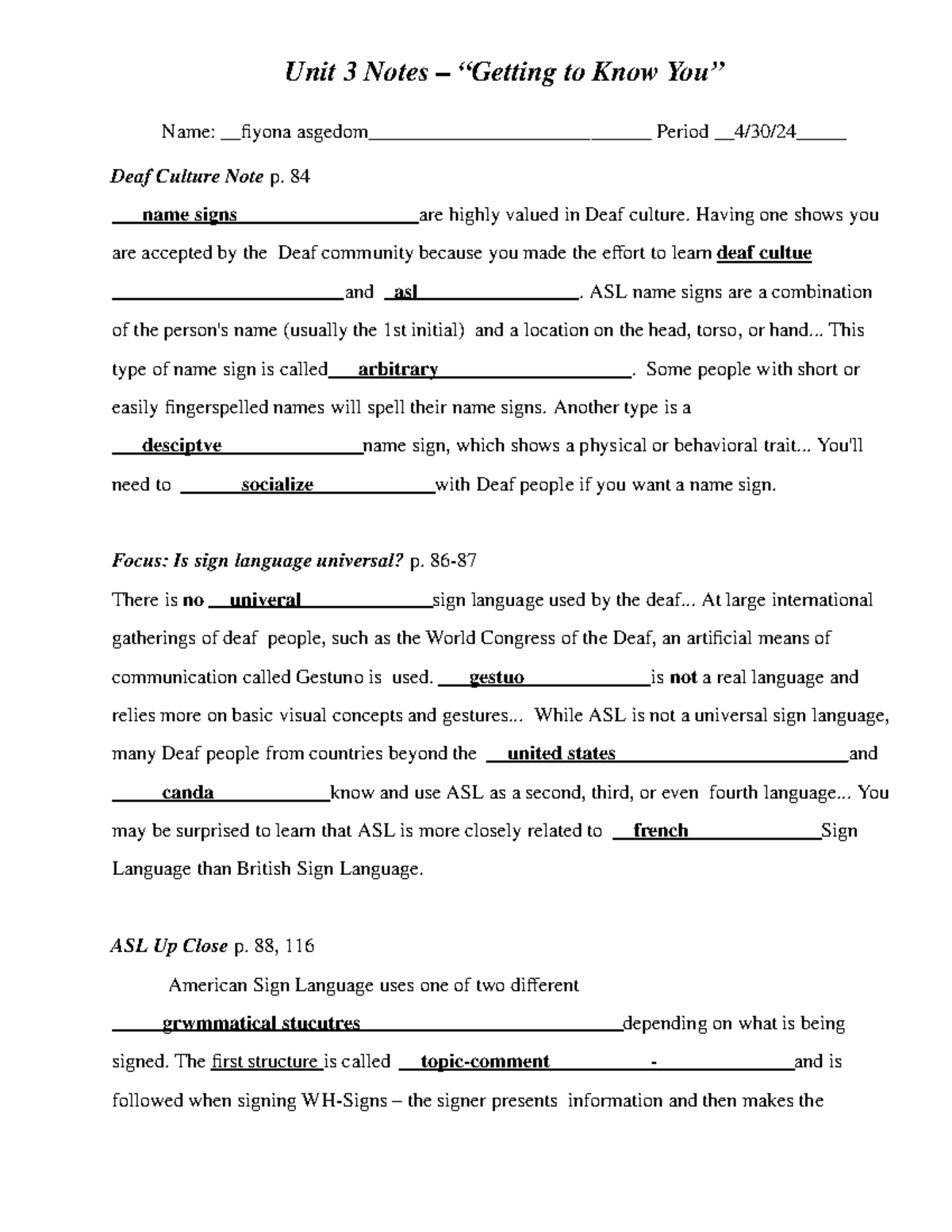 MA3 Unit 3 Notes: Understanding Deaf Culture and ASL Structures - Studocu