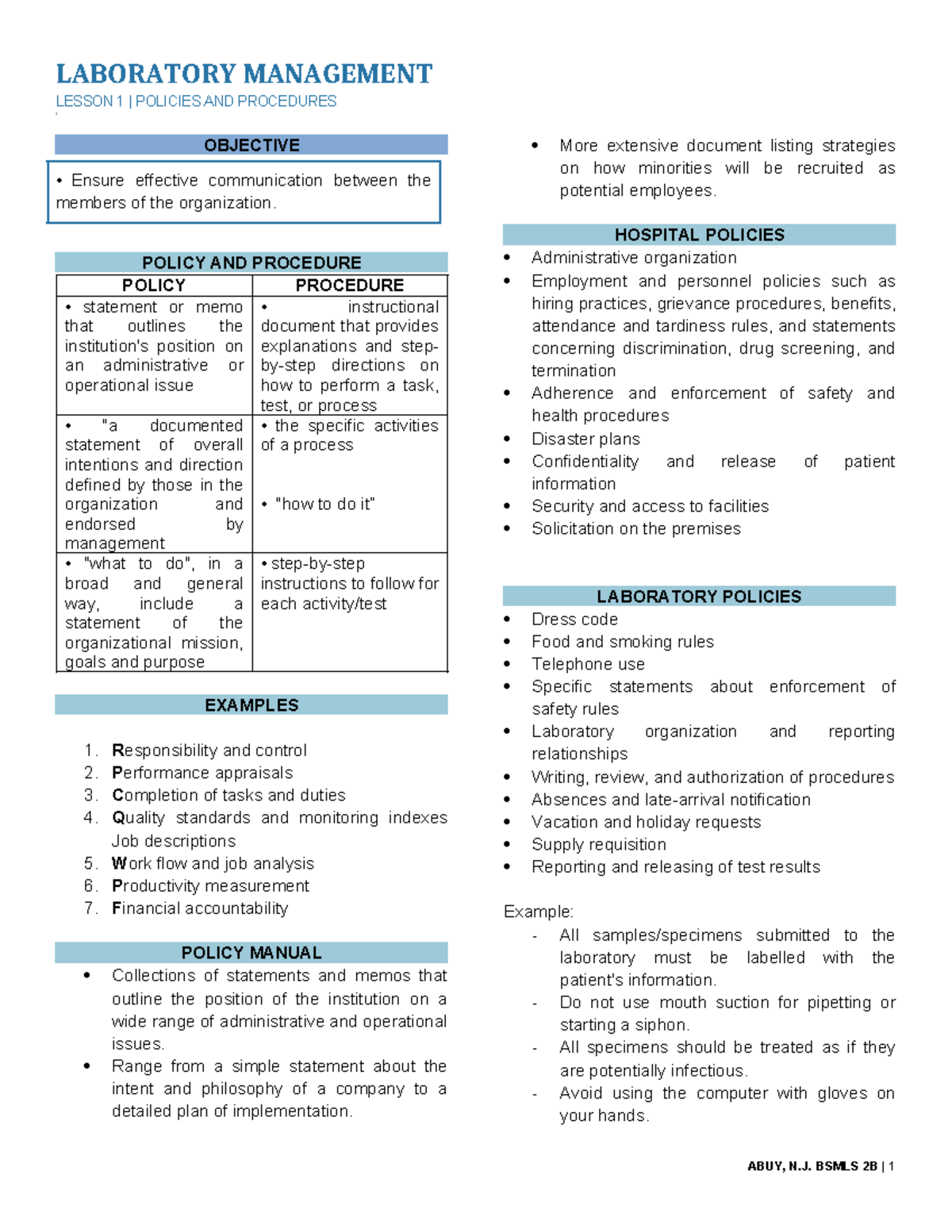 BSMLS 2B | Lesson 1: Policies and Procedures in Laboratory Management ...