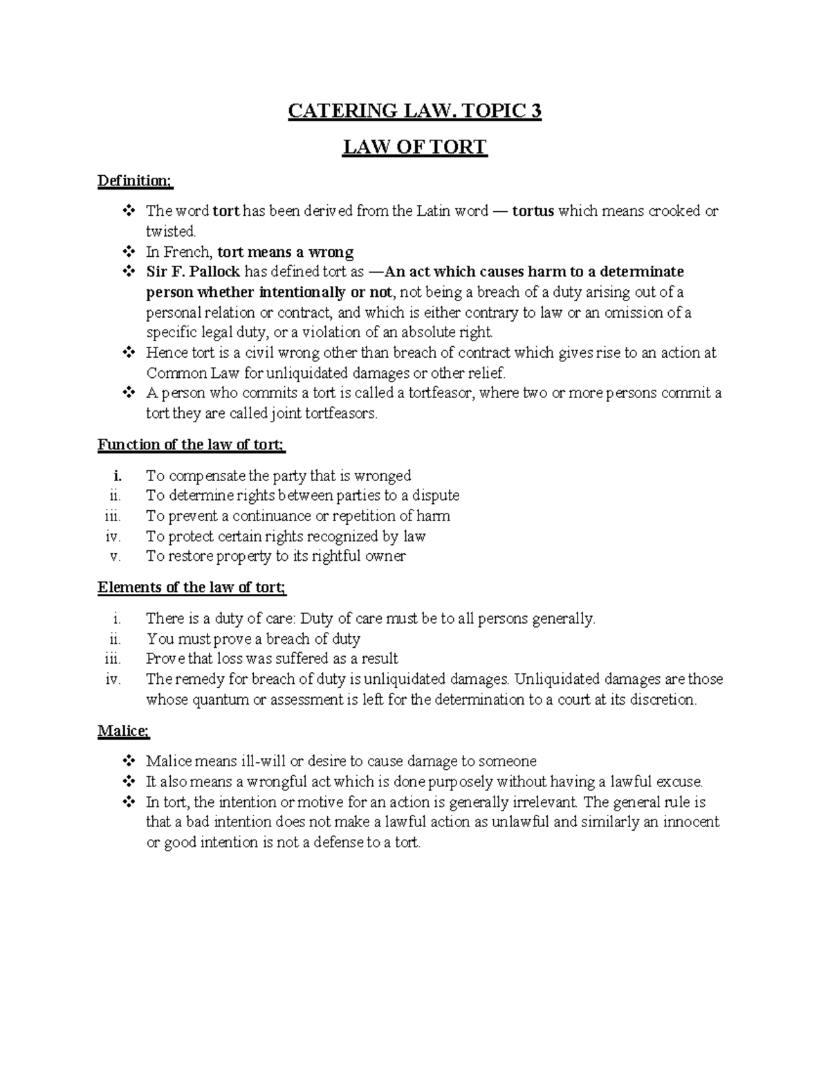 CATERING LAW: Topic 3 - Understanding the Law of Tort - Studocu