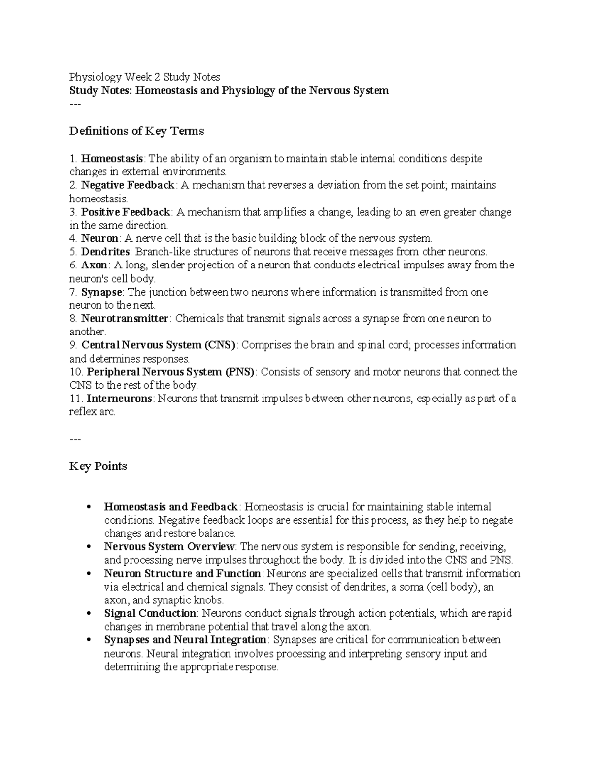 Physiology Week 2 Study Notes: Homeostasis & Nervous System Overview ...