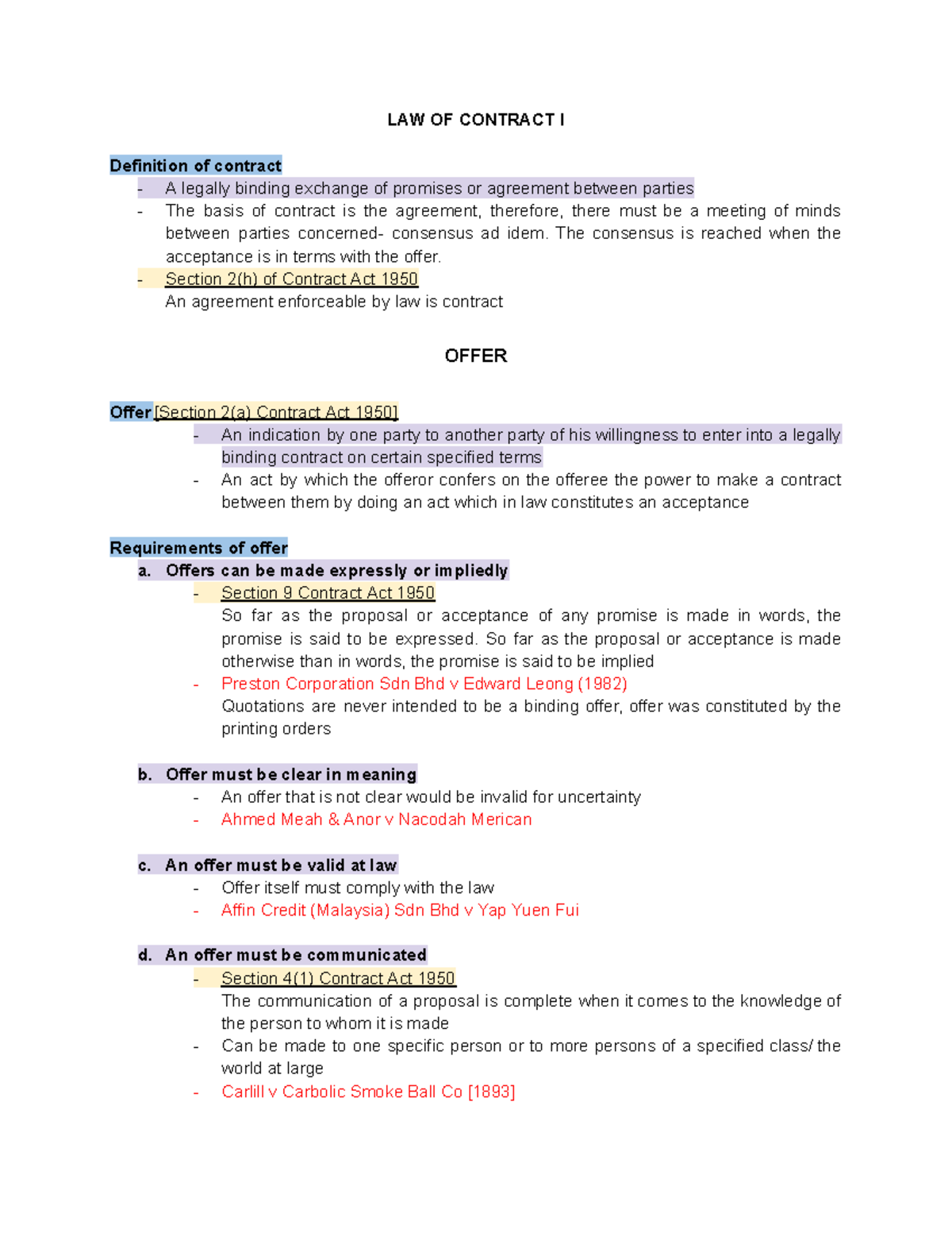 LAW436 (Offer) - LAW OF CONTRACT I Definition of contract - A legally ...
