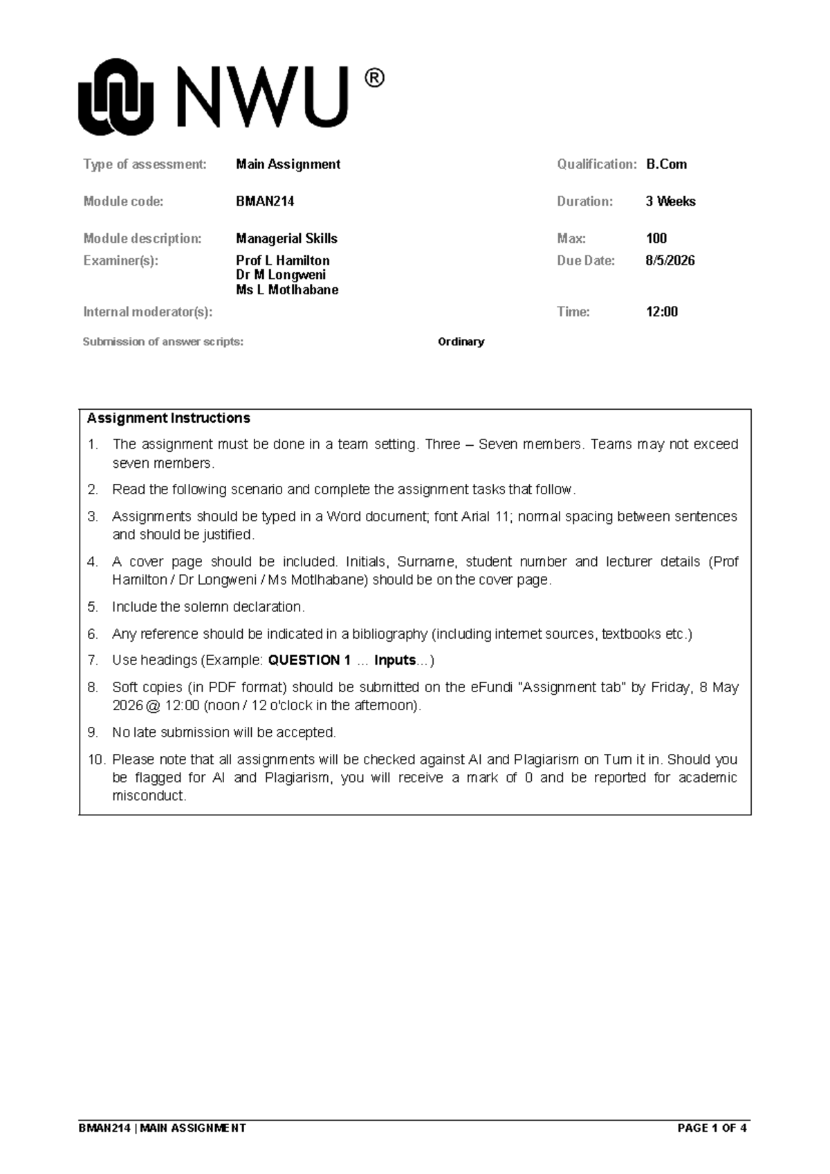 2026 BMAN214 - Main Assignment: Managerial Skills & GreenTech Case ...