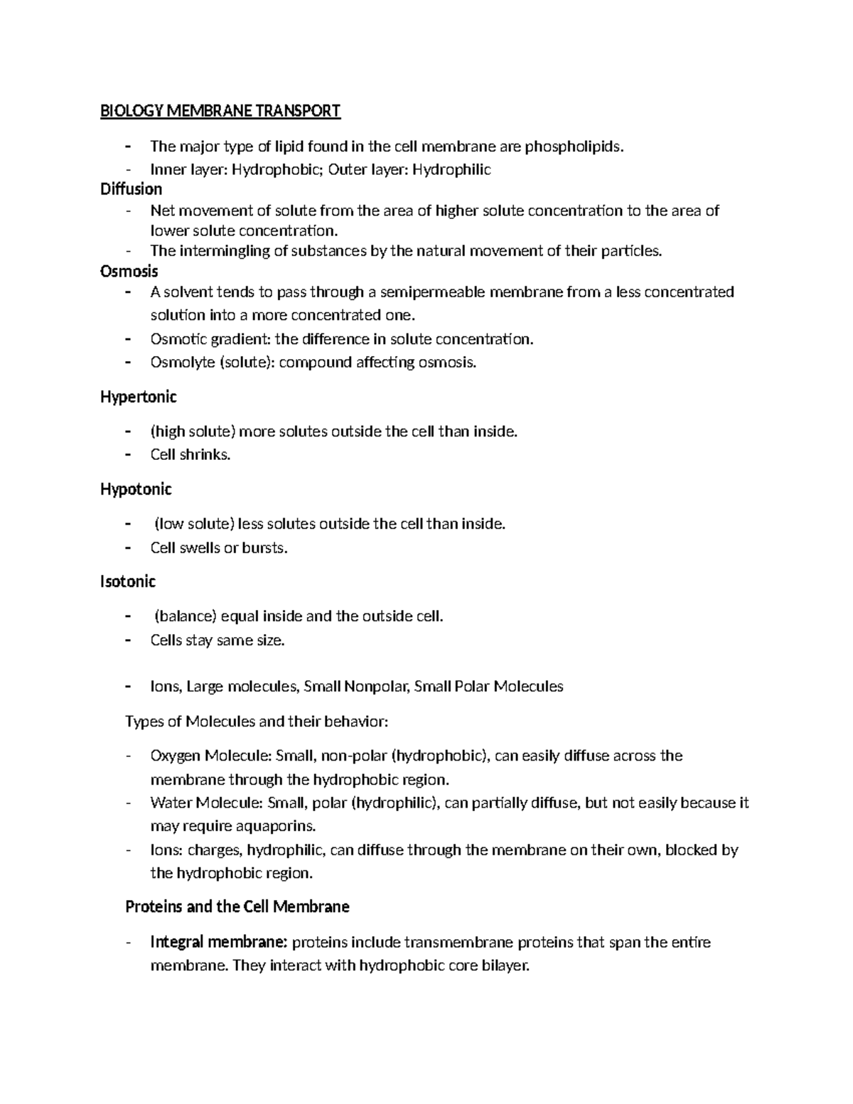 BIO 101 Lecture Notes: Membrane Transport & Cell Structure - Studocu