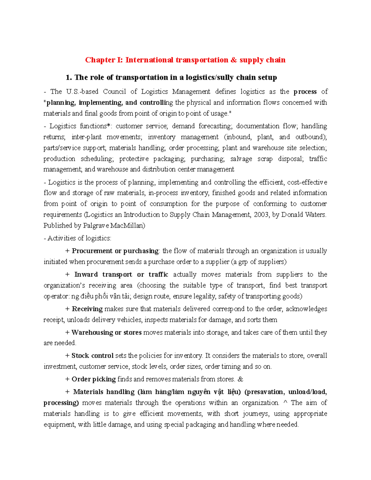 Chapter I: The Role of Transportation in International Supply Chains ...