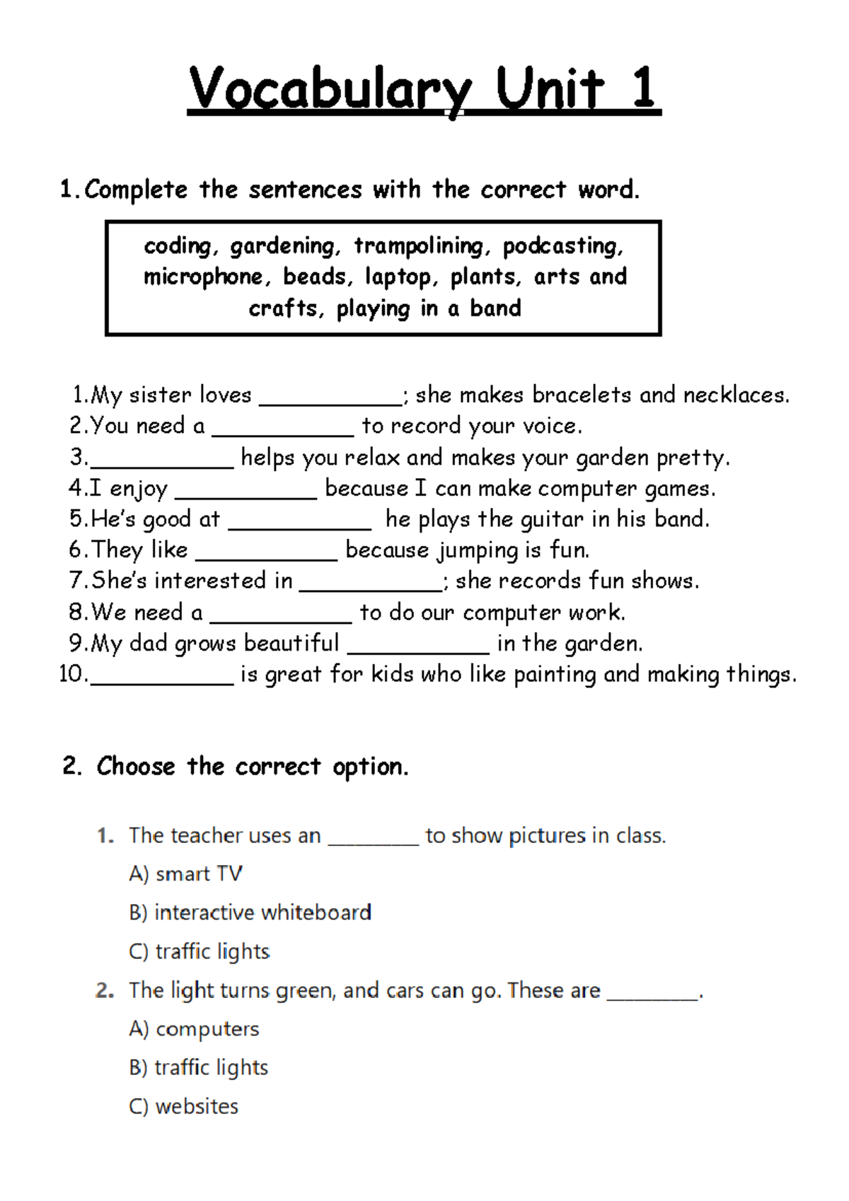 Vocabulary Unit 1 - Vocabulary Exercises and Activities - Studocu