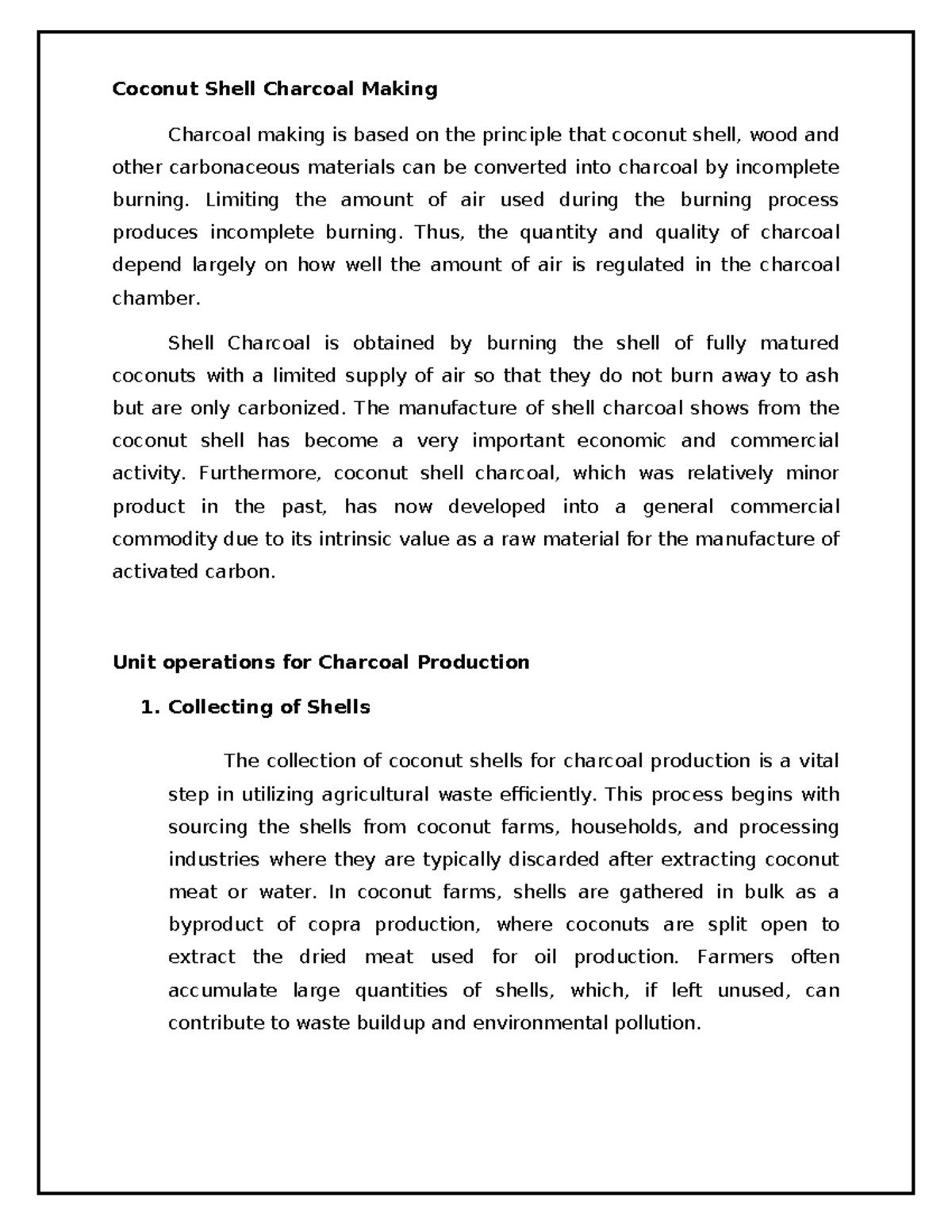 Coconut Shell Charcoal Production: Unit Operations & Processes - Studocu