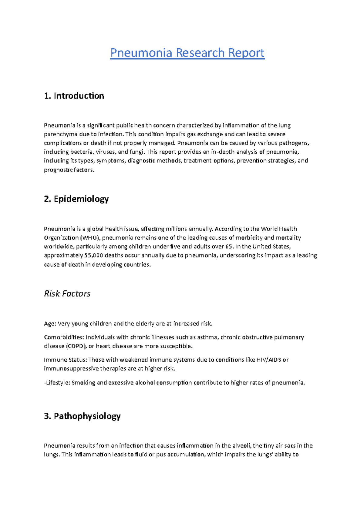 Pneumonia Research Report - Introduction Pneumonia is a significant ...