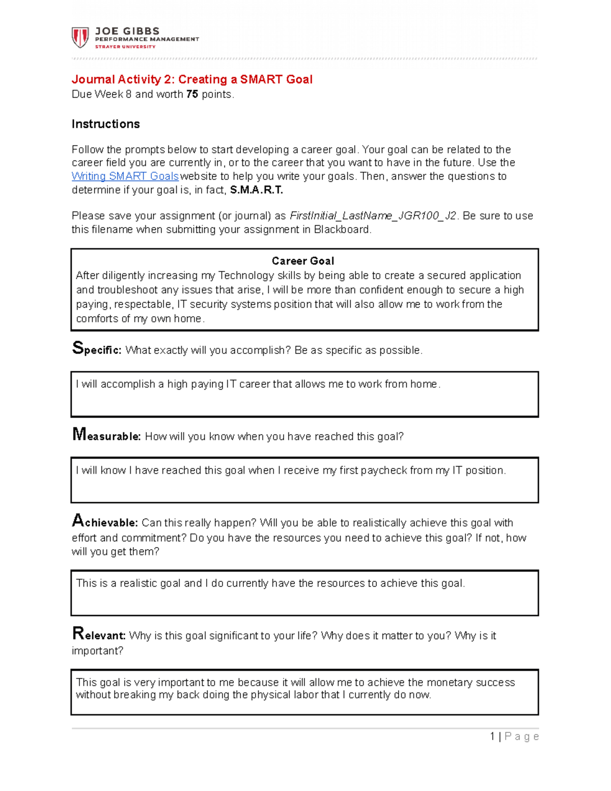 JGR100 Journal 2 - Developing a SMART Career Goal - Studocu