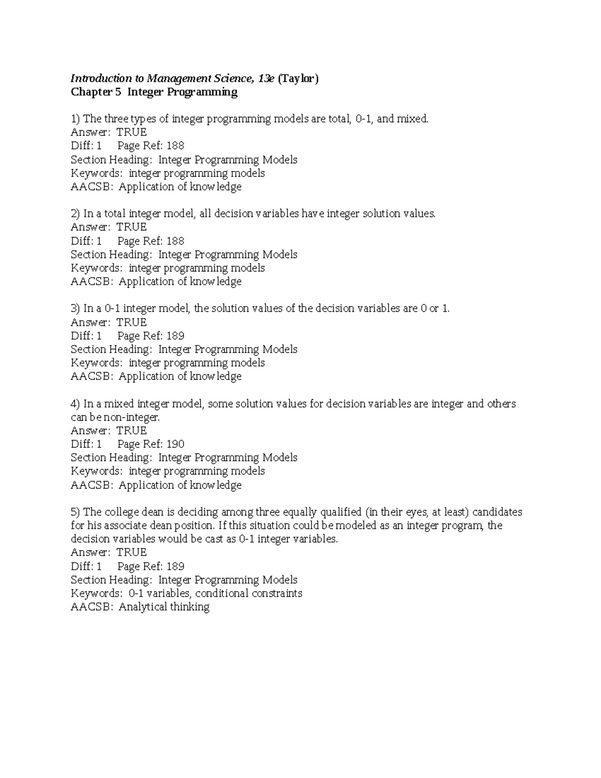 Chapter 5 Integer Programming Test Bank - Key Concepts and Questions ...