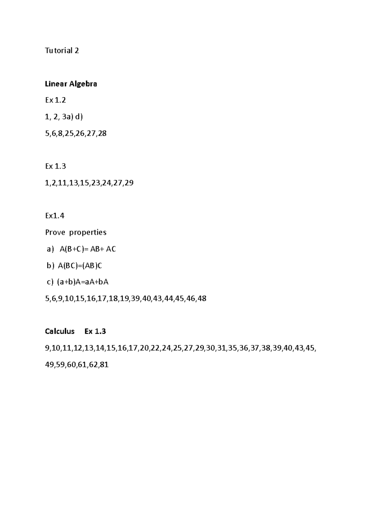 MATH 140-Tutorial 2-2026 - MATH140 - Tutorial 2 Linear Algebra Ex 1. 1 ...