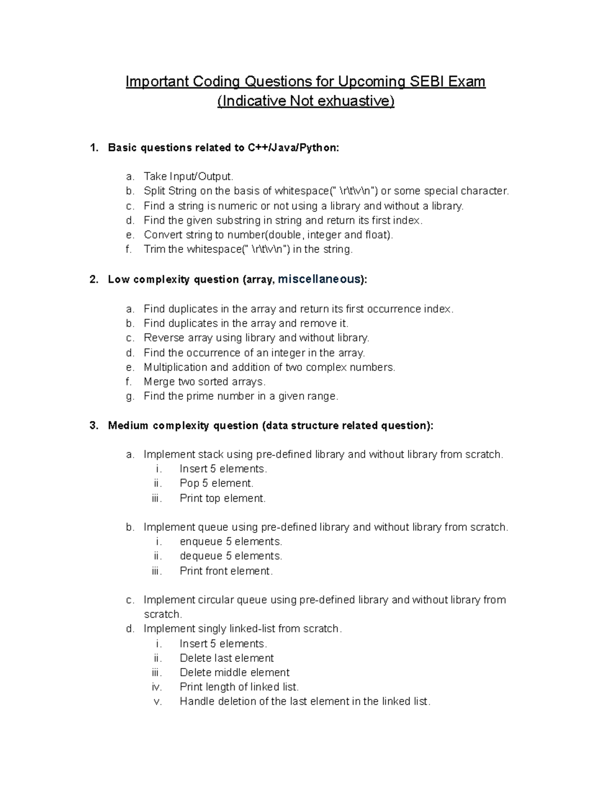 Important Coding Questions for SEBI Exam Preparation (Indicative) - Studocu
